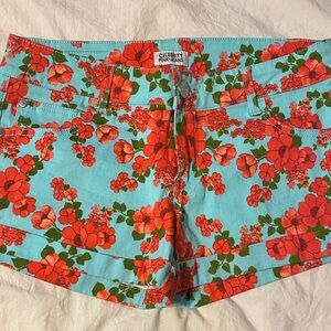 Celebrity Pink Aqua Floral Denim Shorts with Red Blossoms